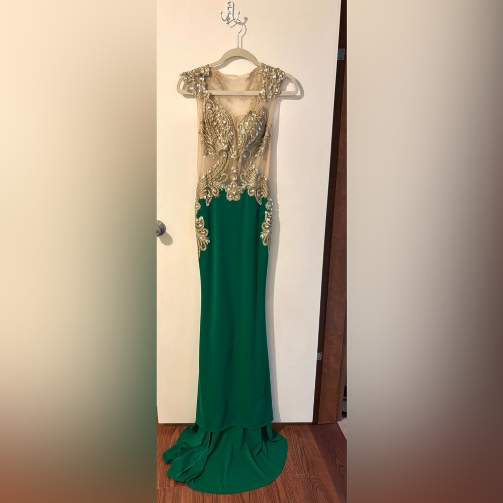 Elegant Green and Gold Hand Embellished Formal Gown Dress
